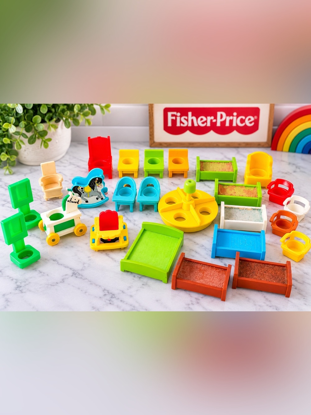 Vintage Fisher Price Little People Furniture Accessories Lot Beds Chairs Toys